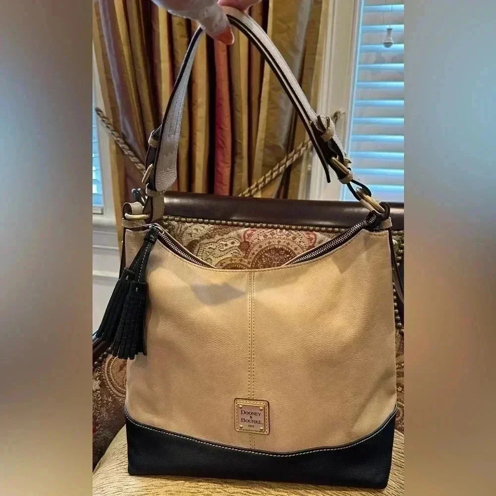FLASH SALE Dooney & Bourke 2-Tone Sophia Leather Shoulder Hobo Bag Tan/Navy Blue